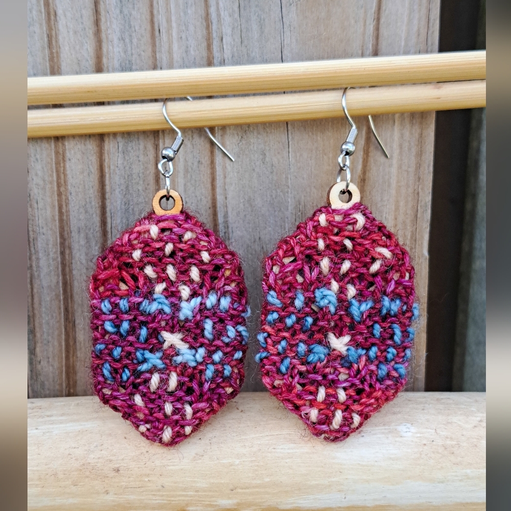 Embroidered Knit Earrings Red And Blue Hand Dyed Yarn Blue Cotton
